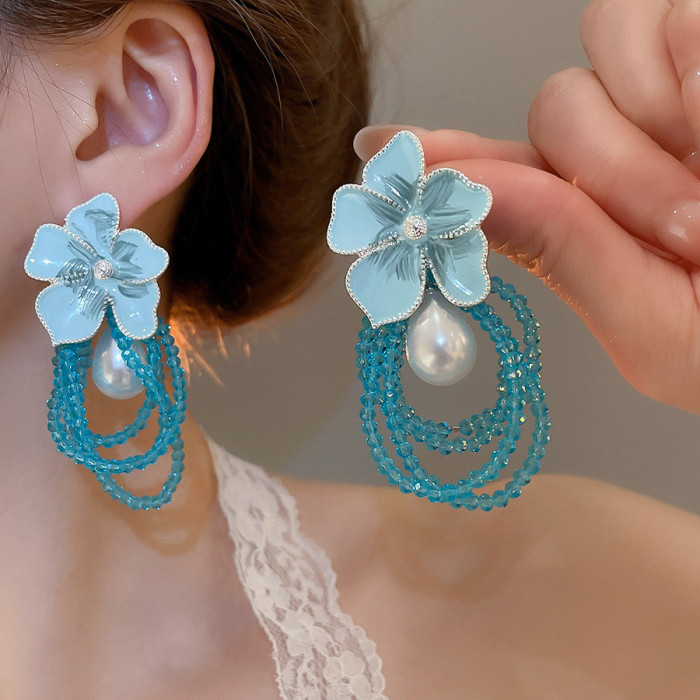 Exquisite White Color Shell Flower Long Tassel Earrings for Women Ins Style Statement Plant Elegant Ear Jewelry Accessories