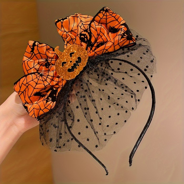 2 Pieces Halloween Pumpkin Headbands with Orange Spider Web Vintage Bows