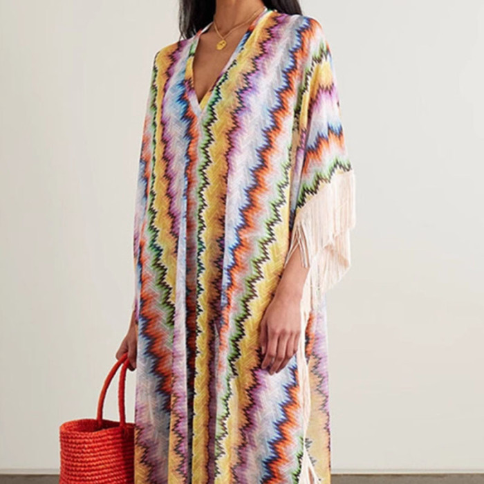 Boho Colorful Striped Print Splicing Tassel Dress Woman Spring V Neck Loose Long Dress Autumn Half Sleeve Vacation Beach Coverup