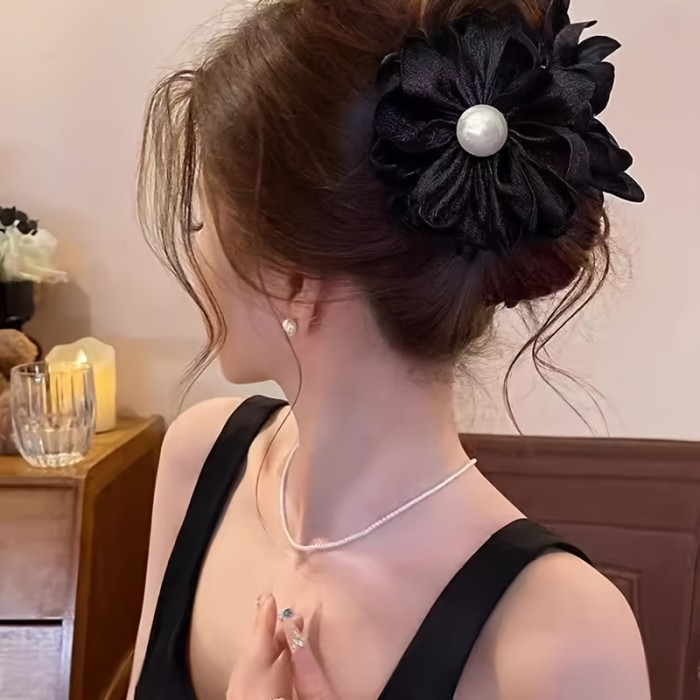 Women's Fabric Flower Hair Claw Clip - Sweet Style Embellished Medium Size Hair Accessory for Everyday & Party Wear, Solid Color Hair Clips for Updos, Ponytails, Buns, Cute Hair Accessories, Elegant Hairpiece