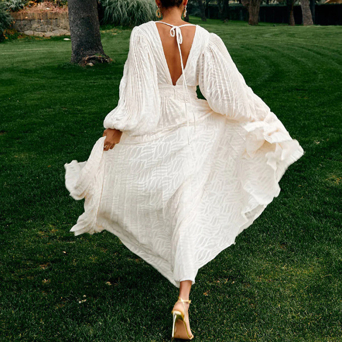 Sexy V-neck Lantern Sleeve Temperament Dress Women Fashion Jacquard Solid Loose Party Dress Elegant Draped Evening Long Dresses