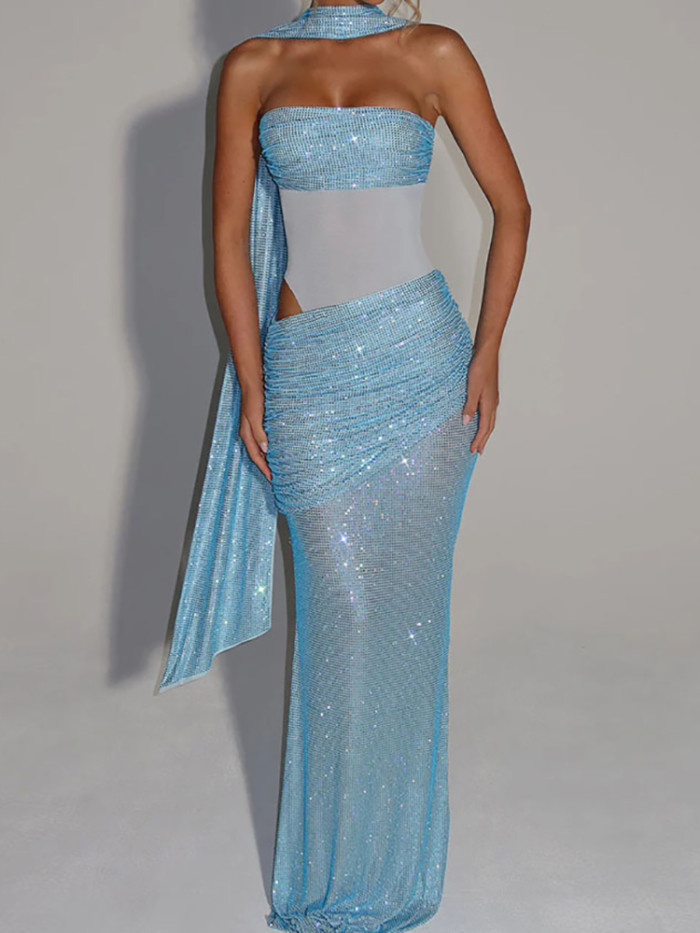 Strapless Sequins Patchwork Chic Maxi Dress, Women Summer Sleeveless Elegant Simple Sheath Dress, Holiday Backless Ladies Dress