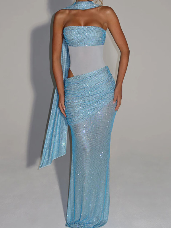 Strapless Sequins Patchwork Chic Maxi Dress, Women Summer Sleeveless Elegant Simple Sheath Dress, Holiday Backless Ladies Dress