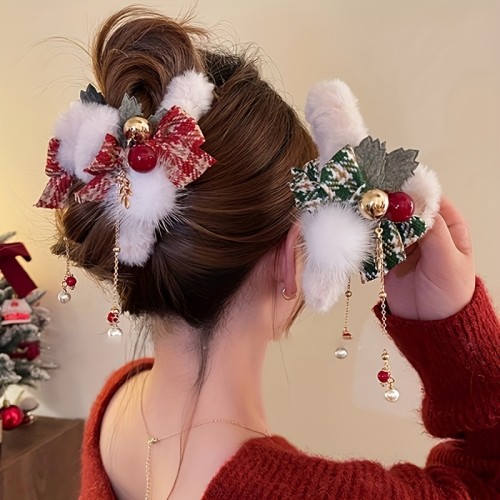 2pcs Elegant Christmas Plush Bow Tassel Hair Claw Clips for Women - Red & Green Rectangular Non-Slip Shark Clips with Faux Fur, Pine Leaves & Golden Accents, Secure Hold for Updos, Parties, Holidays, Mother's Day, Easter Gifts