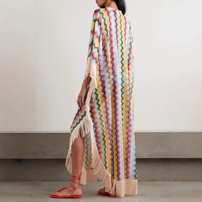 Boho Colorful Striped Print Splicing Tassel Dress Woman Spring V Neck Loose Long Dress Autumn Half Sleeve Vacation Beach Coverup