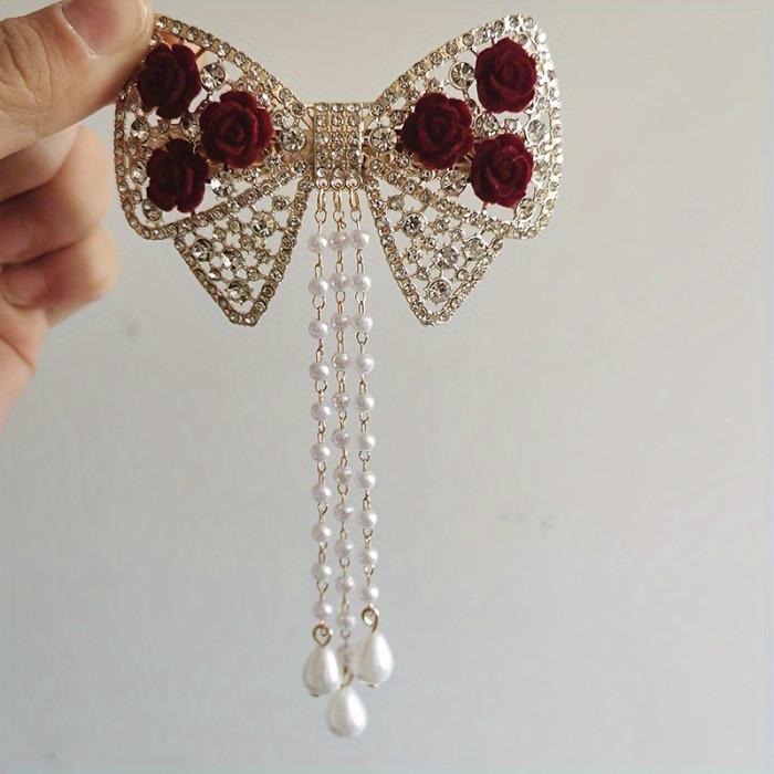 1pc, Elegant High Quality Exquisite Tassel Hair Clip, Flower Theme Rhinestone Bow Design Hair Clip, Women's Princess Style Hair Accessories, Photography Props, Ideal for Valentine's Day Gifts