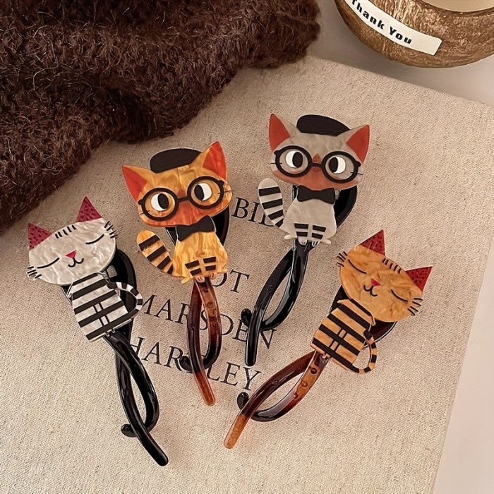 4pcs Cute Cat Hair Clips 4pcs Cute Cartoon Cat Acrylic Hair Clips Set | Colorful Animal Prints, Sweet Style Twisted Hair Clips for Women & Girls | Perfect Gifts for Mother's Day, Christmas, Birthdays, Love & Holidays