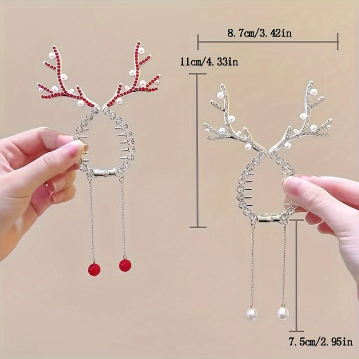 Single elegant Christmas reindeer horn hairpin with rhinestone round base and red berry detail - festive headpiece for women and s over 14 years old, Christmas hair accessory, Seasonal Fashion, Holiday Hairpin, Stylish Holiday Clip, Delicate Craftsmanship, Decorative Hair Clip, Holiday Headwear, Teen Holiday Wear