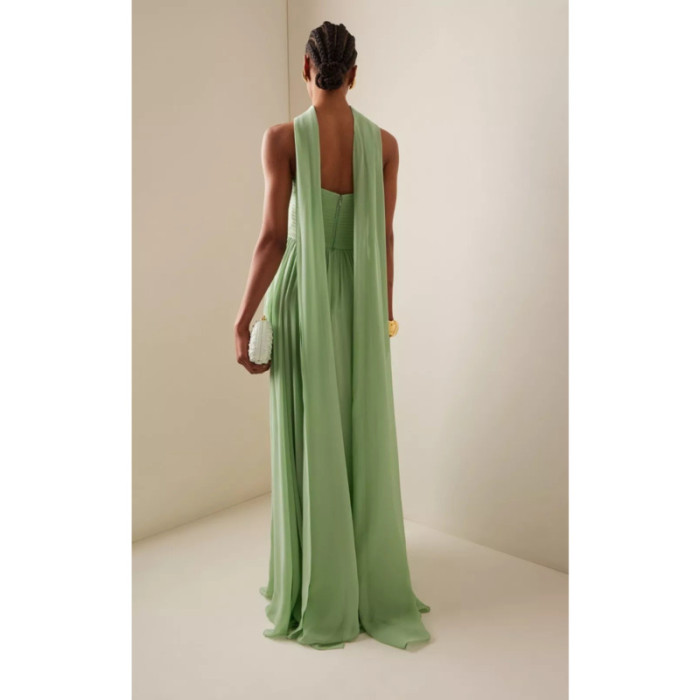 Elegant Strapless Evening Gown For Women Green Chiffon Hollow Out High Waist Long Dress Backless Party Outfit New