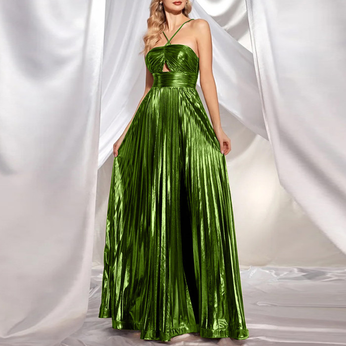Sexy Hollow Out Sleeveless Pleated Evening Dress Casual Backless Swing Robe Dress Women's Clothing Halter High Waist Long Dress