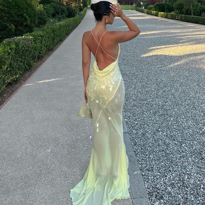New Summer Sequins Patchwork Mesh Slim Long Dress Women Casual Vacation Mermaid Dress Sexy Suspender V Neck Backless Slim Dress