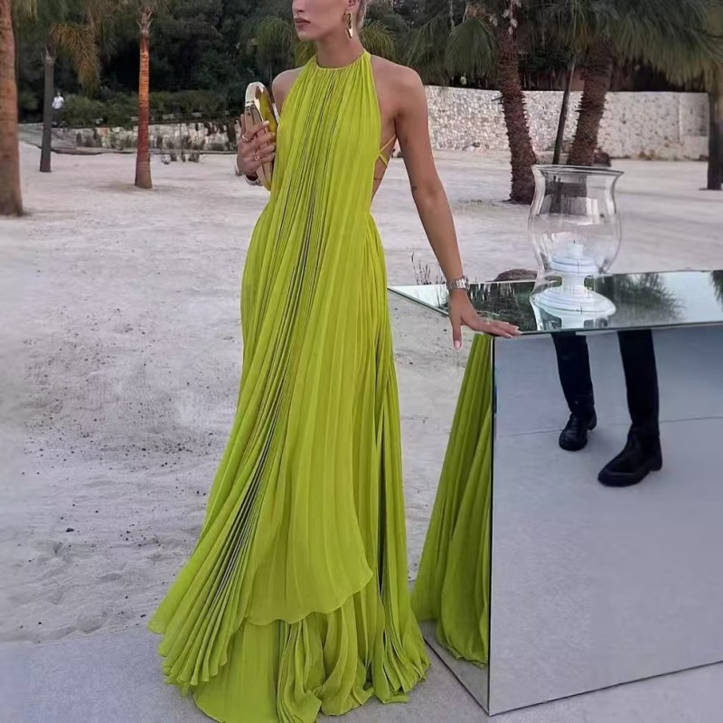 Women's Solid Color Round Neck Sleeveless Sexy Backless Beach Dress