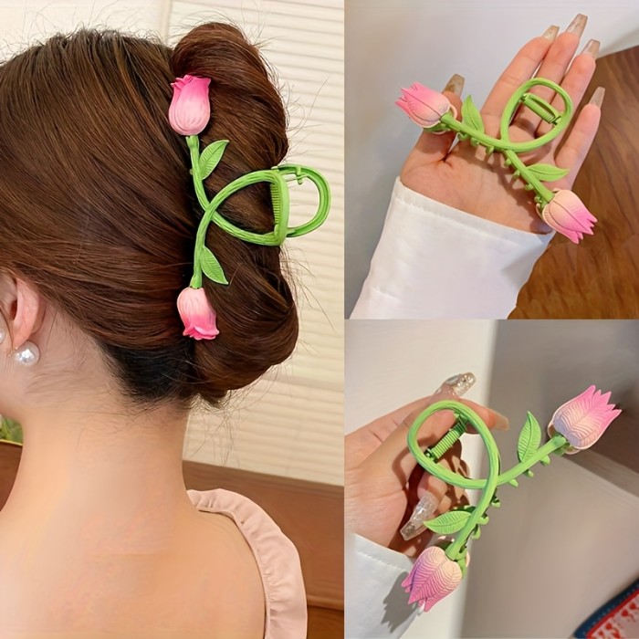 Pink Floral Hair Clip Elegant Pink Floral Hair Clip - Tulip Shaped Design, Durable Hairpin, Party Hairstyle