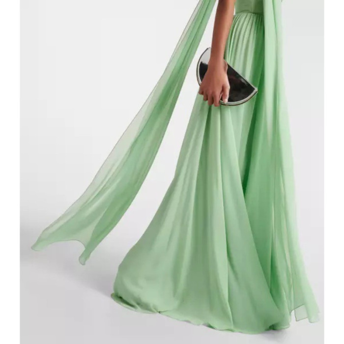 Elegant Strapless Evening Gown For Women Green Chiffon Hollow Out High Waist Long Dress Backless Party Outfit New