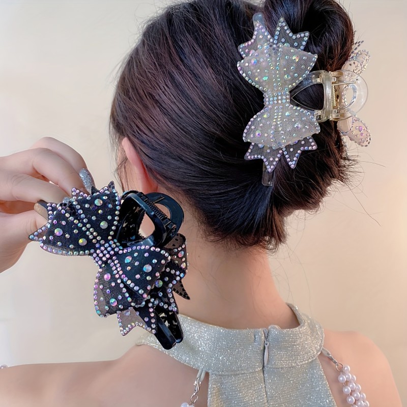 Elegant Bohemian Rhinestone Bow Hair Clip - Large Acrylic Shark Clip Accessory, Perfect for Women'S Daily Wear or Valentine'S Day Gift, Festive Holiday Design with Sparkling Stars and Sparkling Lights, Shark Clip for Wome