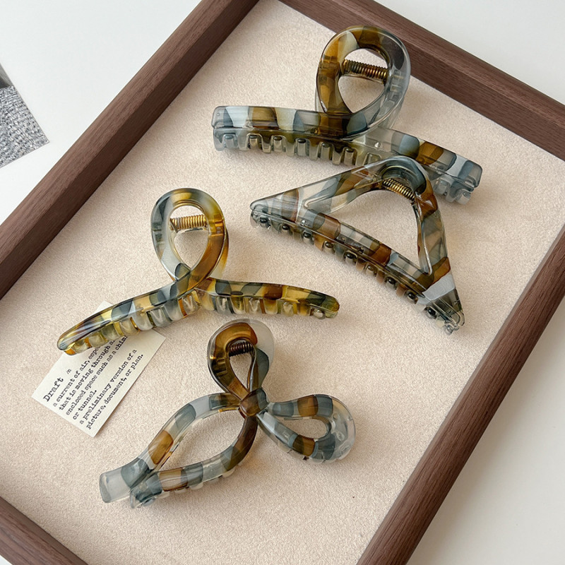 Large Retro Leopard Print Hair Clip with Bowknot - Color-Blocked Tortoiseshell-like Shell Design, Vintage Elegant Hair Accessory for Women