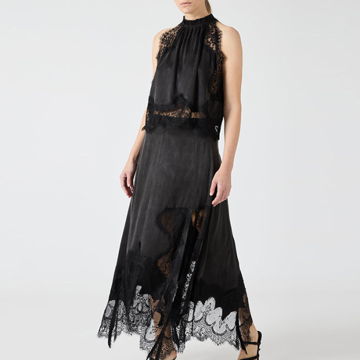 Lady Elegant Solid Color Lace Hollow Out 2 Piece Sexy Sleeveless O Neck Tank Tops Irregular Half Skirts Matching Sets Summer Set