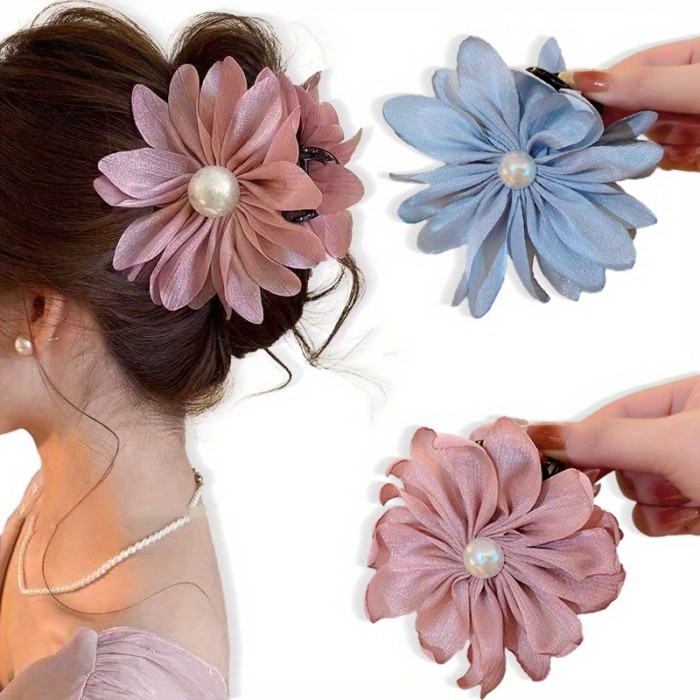 Women's Fabric Flower Hair Claw Clip - Sweet Style Embellished Medium Size Hair Accessory for Everyday & Party Wear, Solid Color Hair Clips for Updos, Ponytails, Buns, Cute Hair Accessories, Elegant Hairpiece