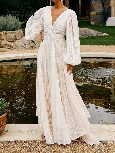 Sexy V-neck Lantern Sleeve Temperament Dress Women Fashion Jacquard Solid Loose Party Dress Elegant Draped Evening Long Dresses