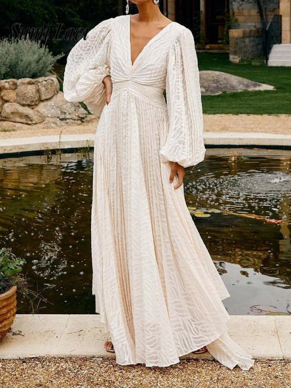 Sexy V-neck Lantern Sleeve Temperament Dress Women Fashion Jacquard Solid Loose Party Dress Elegant Draped Evening Long Dresses