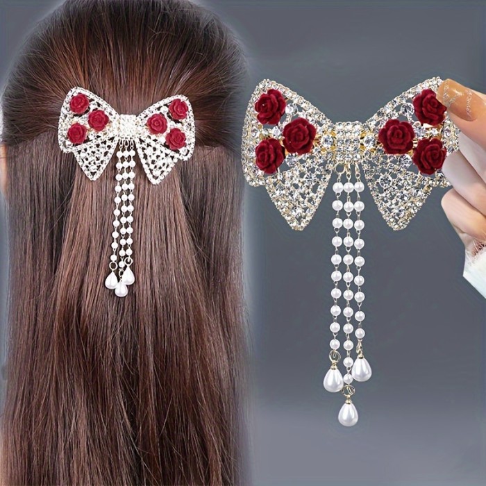 1pc, Elegant High Quality Exquisite Tassel Hair Clip, Flower Theme Rhinestone Bow Design Hair Clip, Women's Princess Style Hair Accessories, Photography Props, Ideal for Valentine's Day Gifts