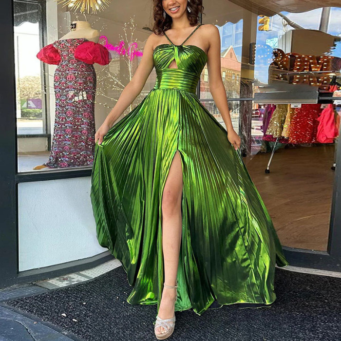 Women's Bronzing Shiny Gowns Evening Dress Luxury Sexy Hollow Strapless Sling Long Dresses Spring Summer Backless Zip Maxi Dress