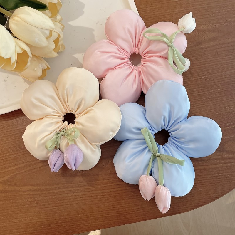 3pcs Set New Arrival 3D Flower Hair Ties, High-End Tulip Hair Accessories for Spring, Beaded Hair Bands