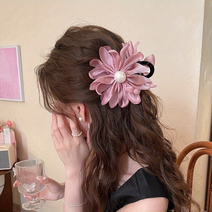 Women's Fabric Flower Hair Claw Clip - Sweet Style Embellished Medium Size Hair Accessory for Everyday & Party Wear, Solid Color Hair Clips for Updos, Ponytails, Buns, Cute Hair Accessories, Elegant Hairpiece