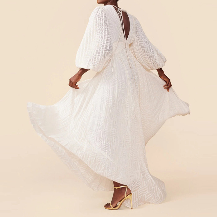 Sexy V-neck Lantern Sleeve Temperament Dress Women Fashion Jacquard Solid Loose Party Dress Elegant Draped Evening Long Dresses