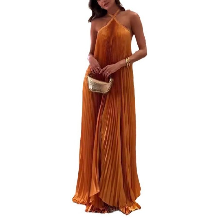 Halter Cross Straps Long Pleated Asymmetric Hem Sleeveless Backless Elegant Evening Long Maxi Dresses Sexy Holiday Chic Summer