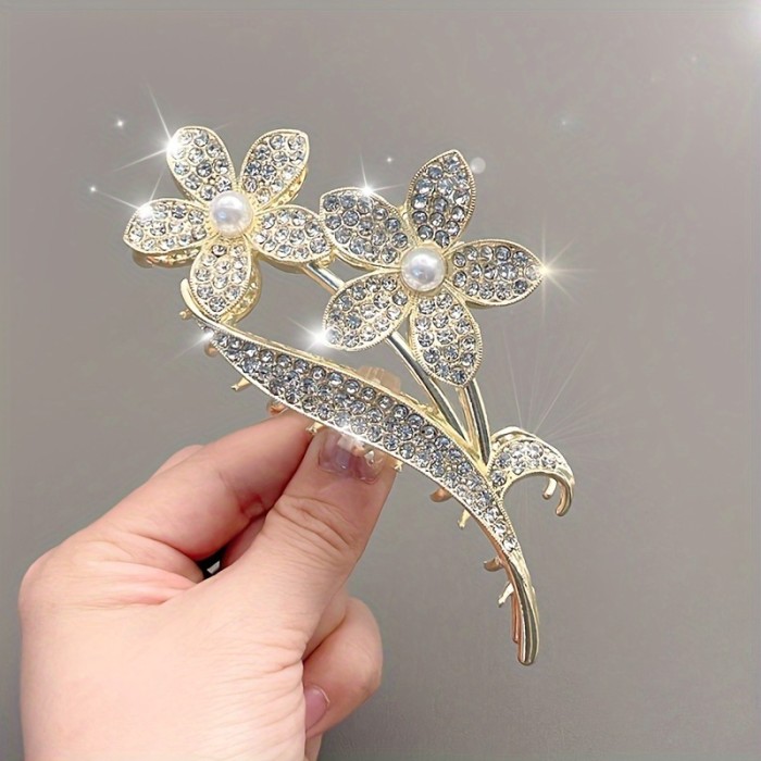 2025 New Elegant Rhinestone & Flower Hair Claw Clip - Large Sparkling Floral Hair Accessory for Women, Korean Style Bun Updo Clip for Valentine's Day, Weddings, Parties (Luxury Versatile Hair Clip), Cute Hair Accessories, Formal Hairstyle, Bridal Hairpiece