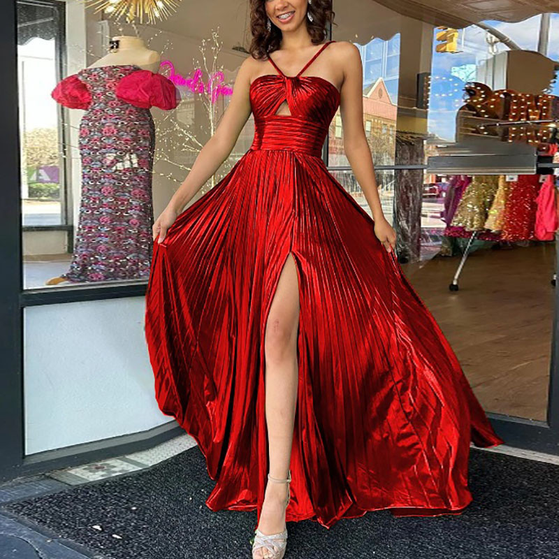 Women's Bronzing Shiny Gowns Evening Dress Luxury Sexy Hollow Strapless Sling Long Dresses Spring Summer Backless Zip Maxi Dress
