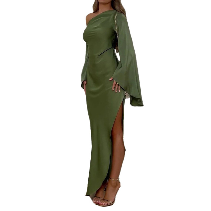 Green Asymmetrical Slim Women Robe Dress Sexy Off Shoulder Long Sleeved Party Dress