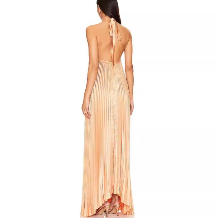 Halter Cross Straps Long Pleated Asymmetric Hem Sleeveless Backless Elegant Evening Long Maxi Dresses Sexy Holiday Chic Summer