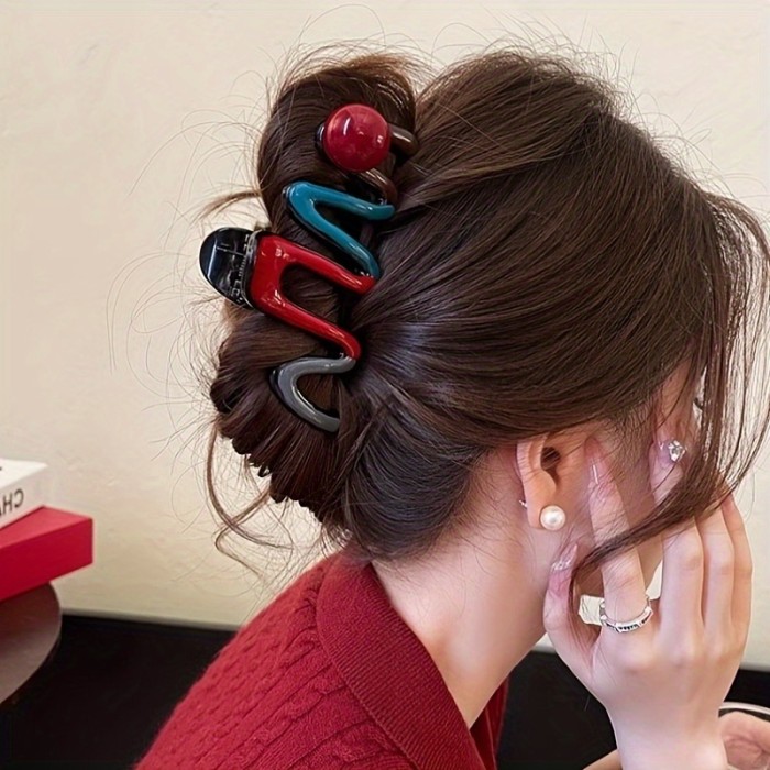 4pcs Designer Wave Pearl Color-Block Large Hair Claw Clips for Women High-End Feel Back of Head Shark Hair Clips Hair Accessories