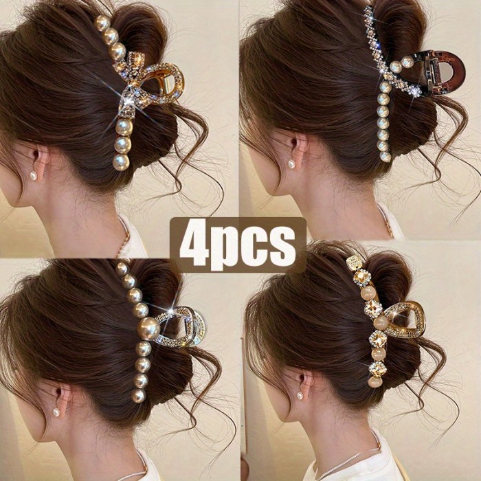 4-Pack Large Ladies Elegant Hairpins with & -Adorned Bow-like Clips - Golden-Tone Mixed Color Hair Clips (Pink, Brown, Golden, White) for Braids, Ponytails, Buns - Wedding, Party, Prom Hair Accessories, Non-Slip Grip