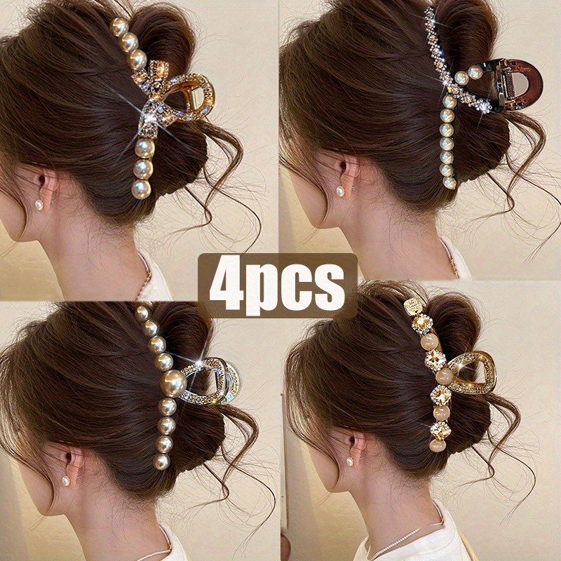 4-Pack Large Ladies Elegant Hairpins with & -Adorned Bow-like Clips - Golden-Tone Mixed Color Hair Clips (Pink, Brown, Golden, White) for Braids, Ponytails, Buns - Wedding, Party, Prom Hair Accessories, Non-Slip Grip
