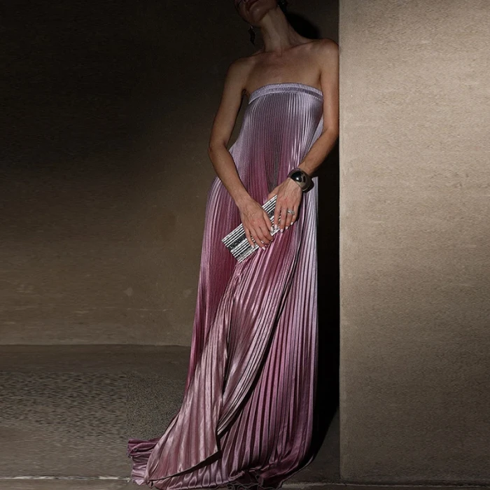 Elegant Sleeveless Off Shoulder Gradient Long Dress Women's Fashion Backless Folds Gala Gowns New Female Irregular Evening Dress