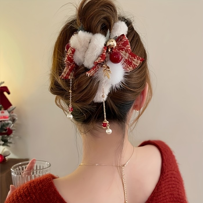 2pcs Elegant Christmas Plush Bow Tassel Hair Claw Clips for Women - Red & Green Rectangular Non-Slip Shark Clips with Faux Fur, Pine Leaves & Golden Accents, Secure Hold for Updos, Parties, Holidays, Mother's Day, Easter Gifts
