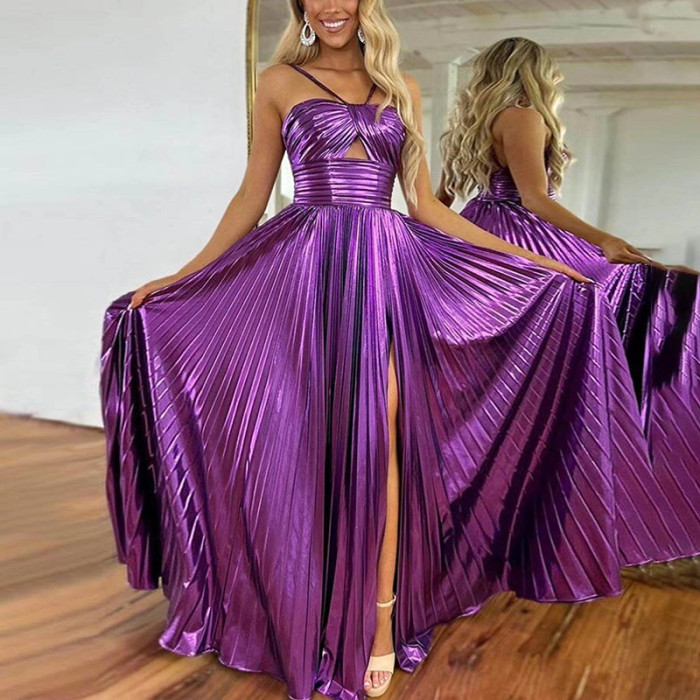Women's Bronzing Shiny Gowns Evening Dress Luxury Sexy Hollow Strapless Sling Long Dresses Spring Summer Backless Zip Maxi Dress