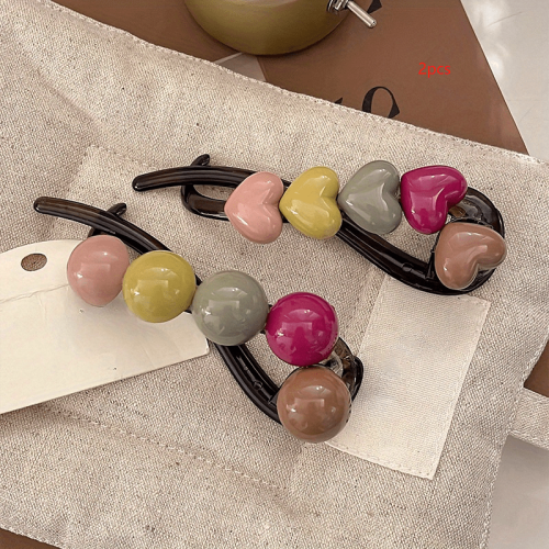 2pcs of new summer rainbow round bead twist hair clips, heart-shaped beads paired with a hair clip for the back of the head - versatile hair clips and hair accessories for s' Casual Attire