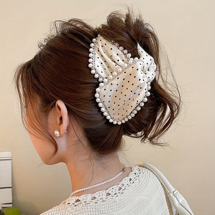 1pc Elegant Black & White Polka Dot Large Hair Clip for Women - Vintage Style Acrylic Hairpin with Pearl Accents, Perfect for Daily Wear & Party Accessories, Party Hair Accessory | Vintage Hair Clip | Acrylic Hairpin, Hair Accessories