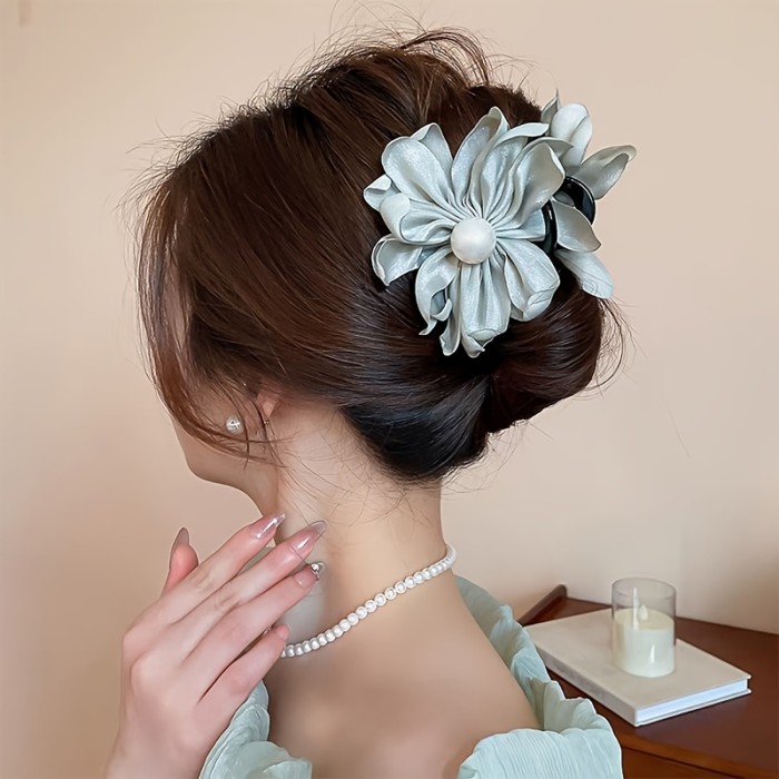 Women's Fabric Flower Hair Claw Clip - Sweet Style Embellished Medium Size Hair Accessory for Everyday & Party Wear, Solid Color Hair Clips for Updos, Ponytails, Buns, Cute Hair Accessories, Elegant Hairpiece