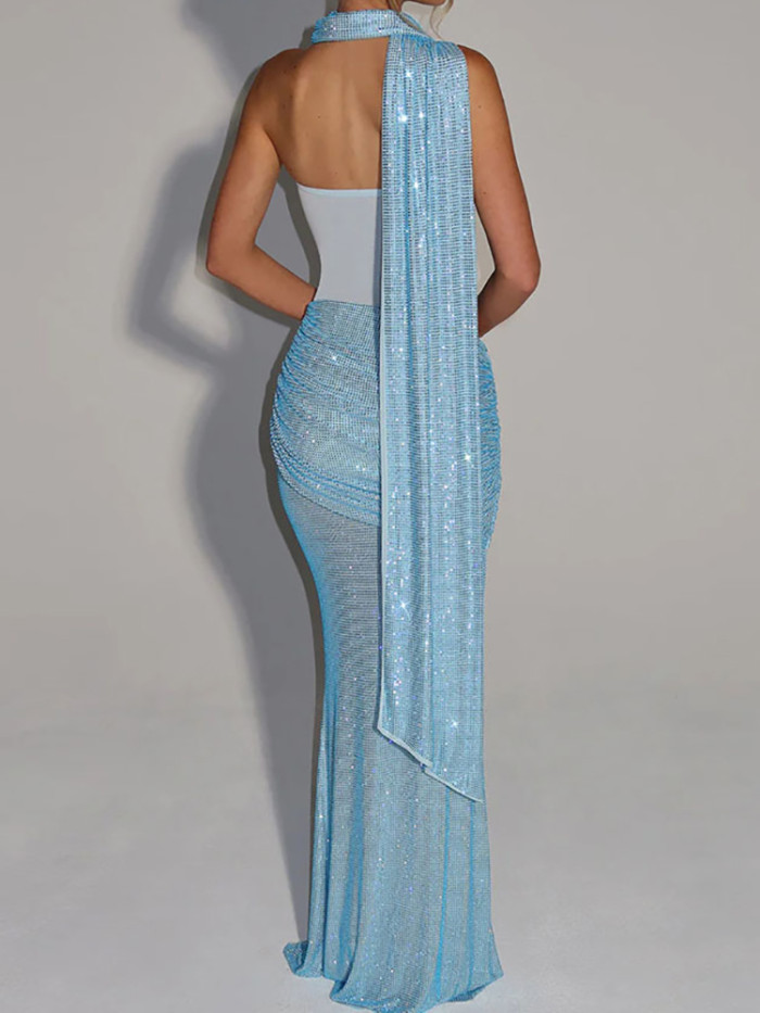 Strapless Sequins Patchwork Chic Maxi Dress, Women Summer Sleeveless Elegant Simple Sheath Dress, Holiday Backless Ladies Dress