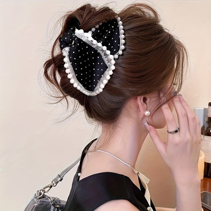 1pc Elegant Black & White Polka Dot Large Hair Clip for Women - Vintage Style Acrylic Hairpin with Pearl Accents, Perfect for Daily Wear & Party Accessories, Party Hair Accessory | Vintage Hair Clip | Acrylic Hairpin, Hair Accessories