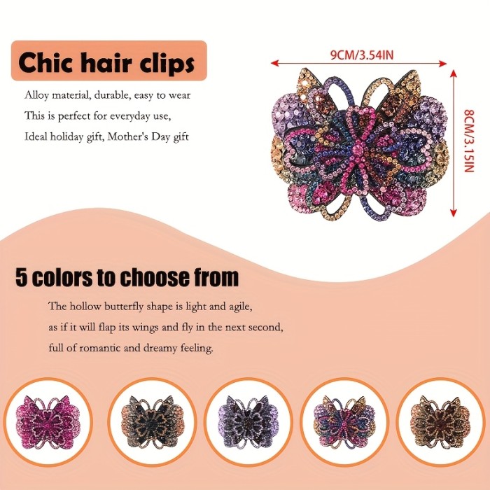 3\u002F5pcs Retro Rhinestone Butterfly Hair Clips - Sparkling Floral Hairpins for Women, Multi-Color Ponytail Holders for Parties, Proms, Daily Use & Mother's Day Gifts, Hair Accessories
