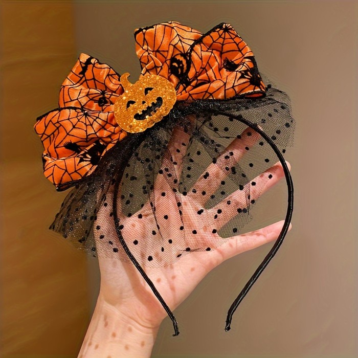 2 Pieces Halloween Pumpkin Headbands with Orange Spider Web Vintage Bows