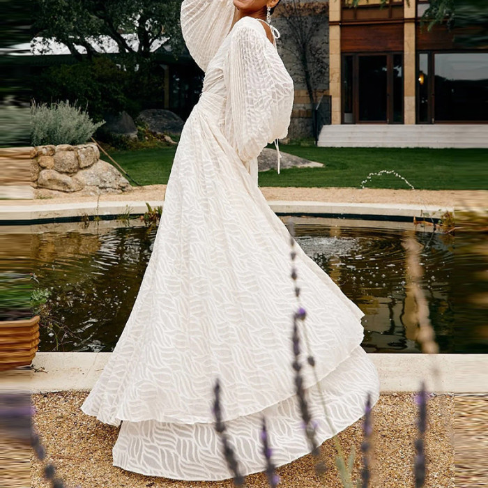 Sexy V-neck Lantern Sleeve Temperament Dress Women Fashion Jacquard Solid Loose Party Dress Elegant Draped Evening Long Dresses