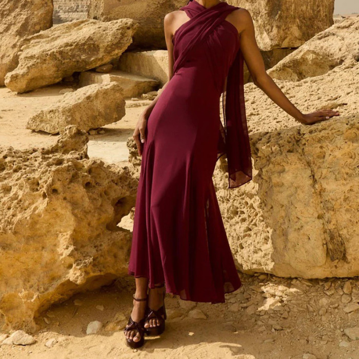 Elegant Hollow Out Backless High Waist A-line Dress Fashion Sleeveless Solid Long Dress Chiffon Ribbon Slim Women's Party Dress