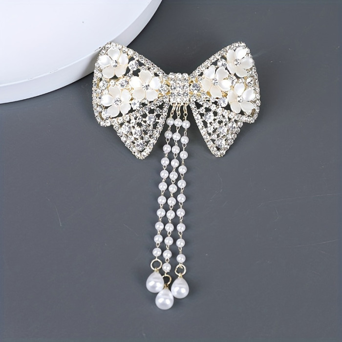 1pc, Elegant High Quality Exquisite Tassel Hair Clip, Flower Theme Rhinestone Bow Design Hair Clip, Women's Princess Style Hair Accessories, Photography Props, Ideal for Valentine's Day Gifts